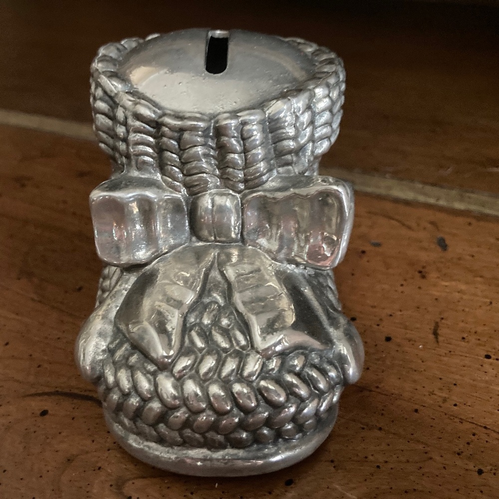 Vintage Leonard Silver Plate Baby Shoe Bootie Coin Bank Unique Baby Gift 4 inch